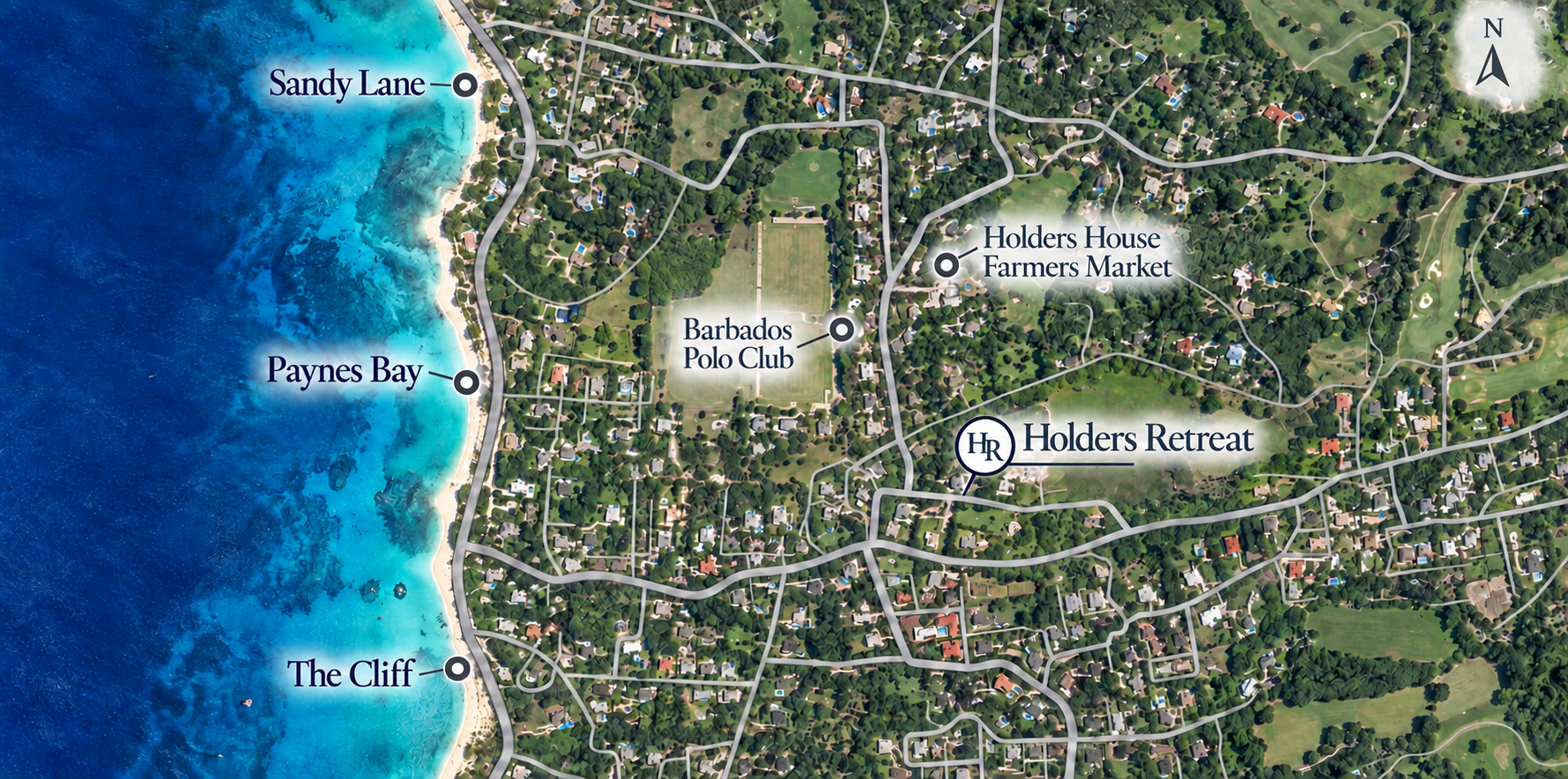 Aerial-style illustrated map showing Holders Retreat and nearby landmarks